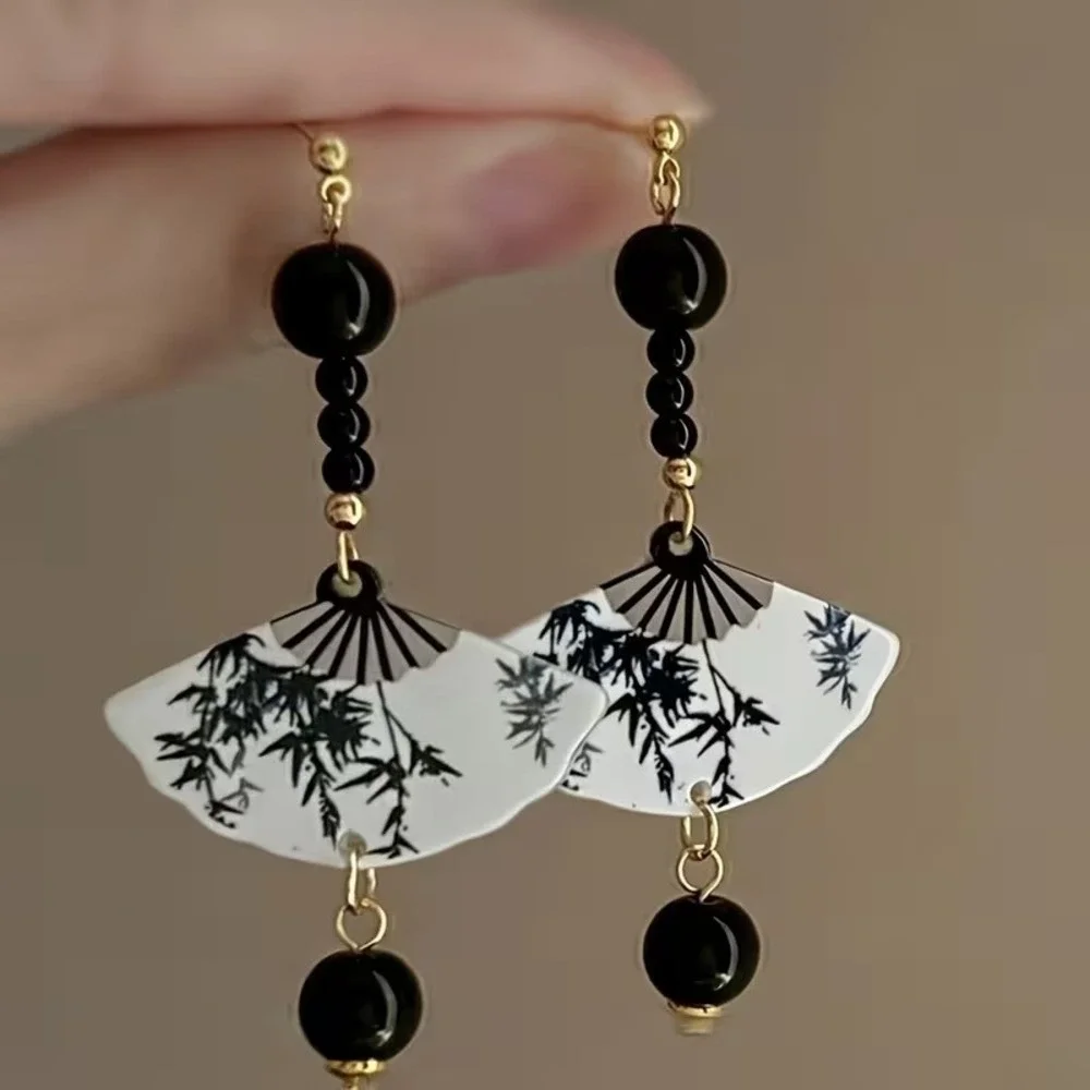 Handmade Bamboo Print Fan Drop Earrings Black and White Asian Inspired Jewelry